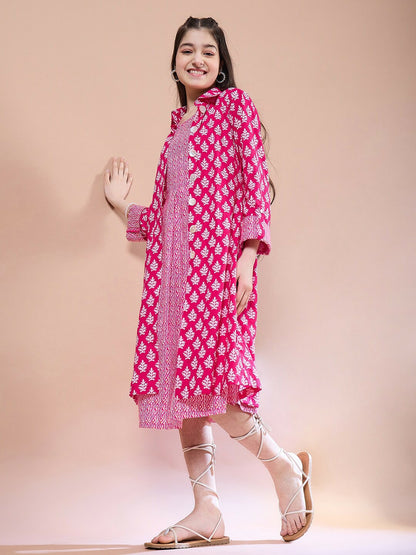 Magenta Ethnic Motif A-Line Dress – Elegant Cotton Midi | Indiaista