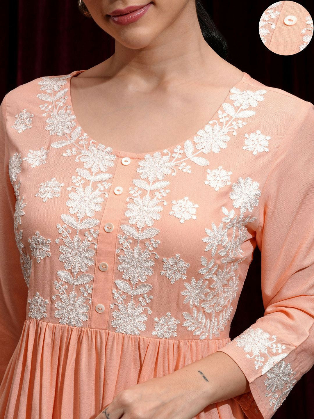 Peach-Coloured Floral Embroidered Maxi Ethnic Dress | Indiaista