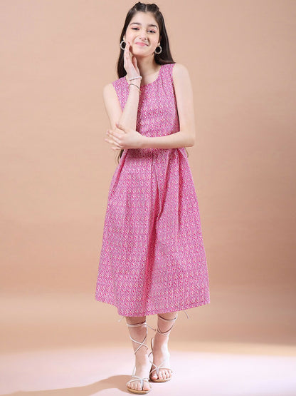 Magenta Ethnic Motif A-Line Dress – Elegant Cotton Midi | Indiaista