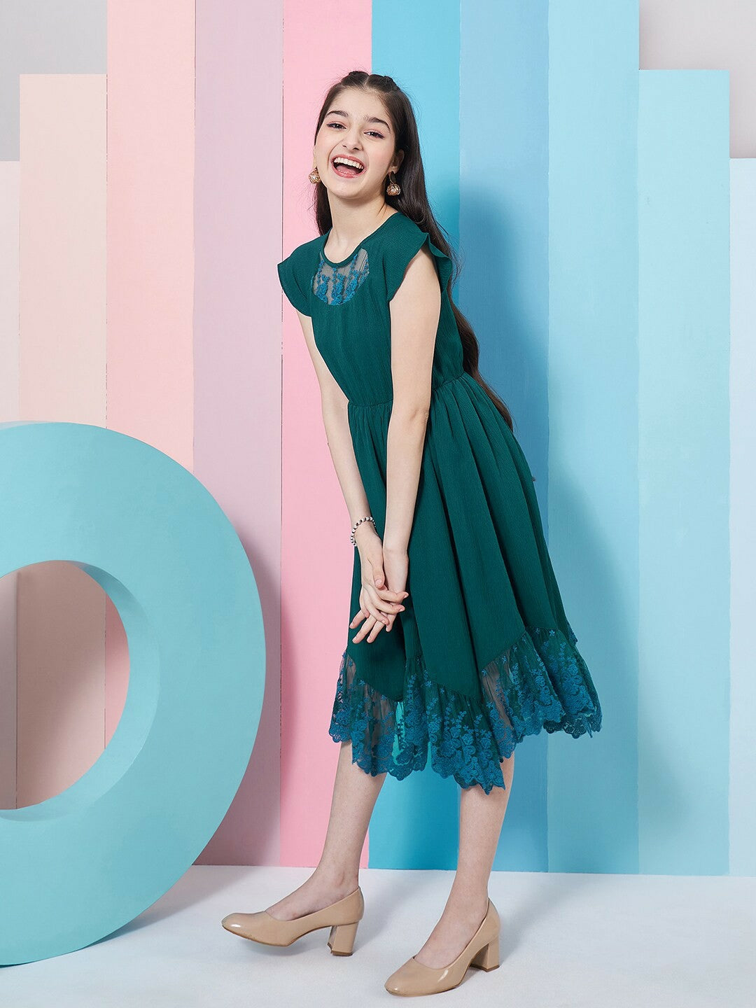 Buy Blue Solid Fit & Flare Dress for Girls - Midi Length with Lace Inserts | Indiaista