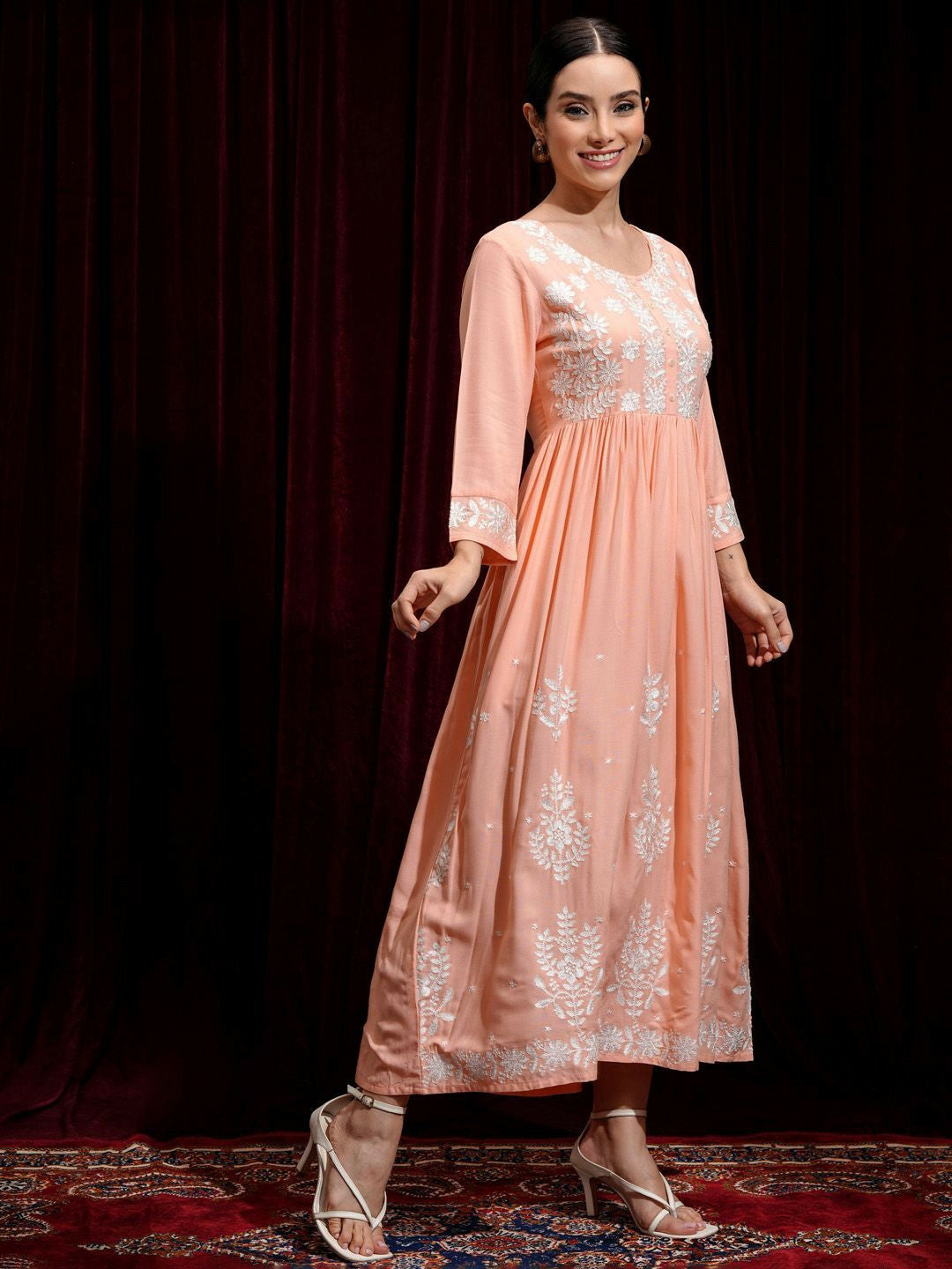 Peach-Coloured Floral Embroidered Maxi Ethnic Dress | Indiaista