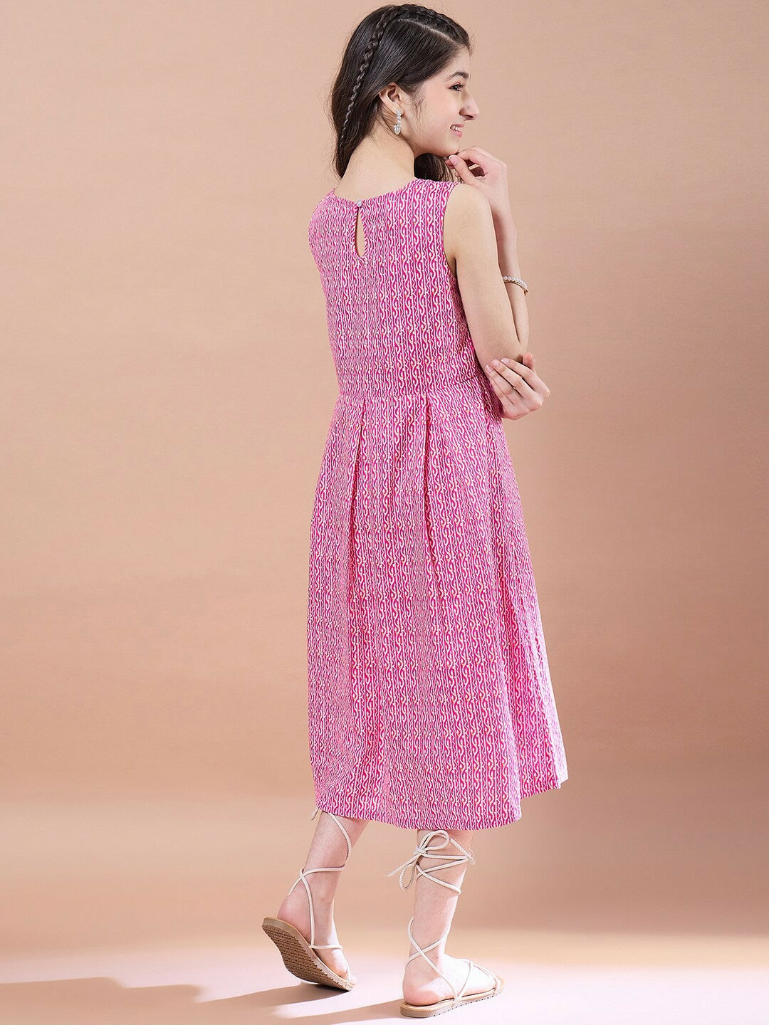 Magenta Ethnic Motif A-Line Dress – Elegant Cotton Midi | Indiaista