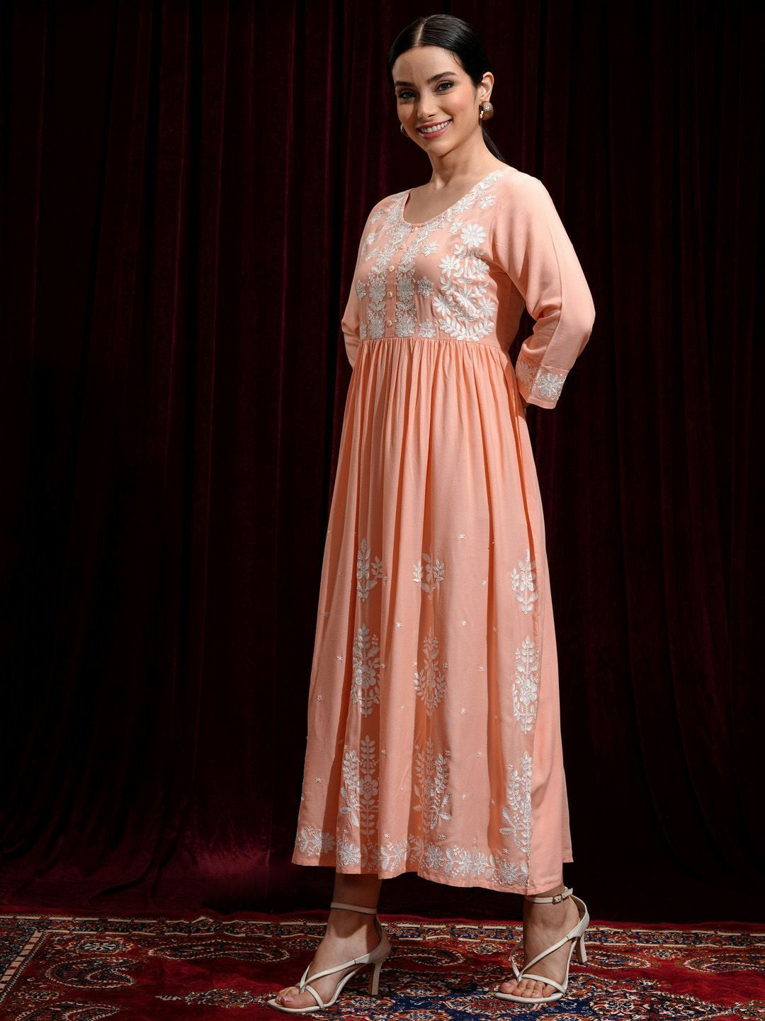 Peach-Coloured Floral Embroidered Maxi Ethnic Dress | Indiaista