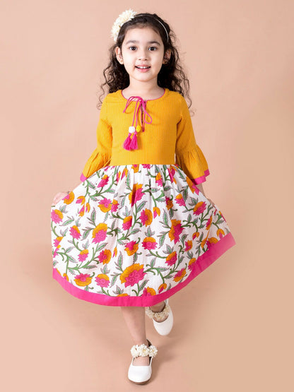 Buy Yellow & White Floral Fit & Flare Cotton Dress for Girls – Indiaista