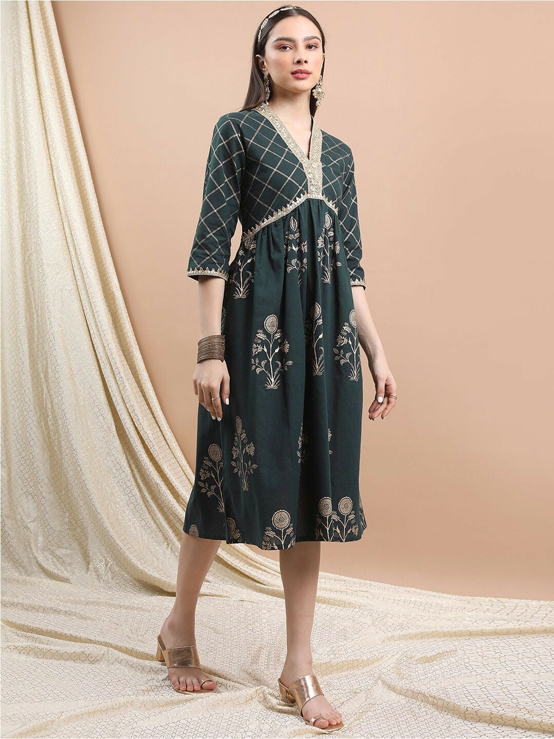 Green & Gold Floral Fit & Flare Ethnic Dress - Sequined | Indiaista