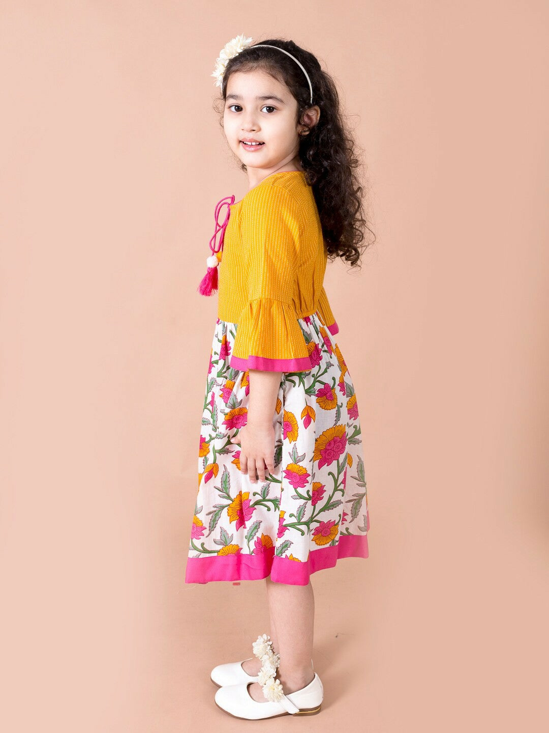 Buy Yellow & White Floral Fit & Flare Cotton Dress for Girls – Indiaista