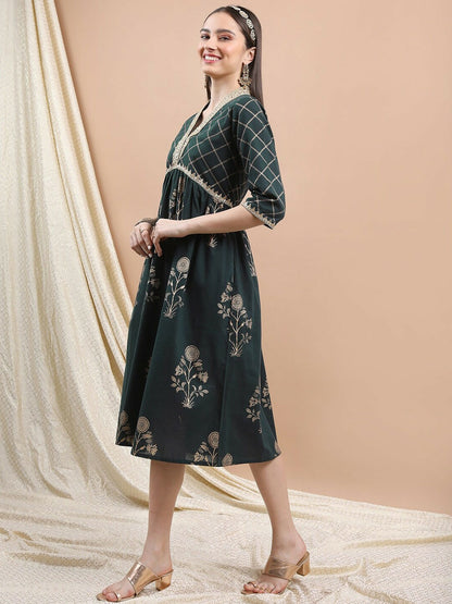 Green & Gold Floral Fit & Flare Ethnic Dress - Sequined | Indiaista