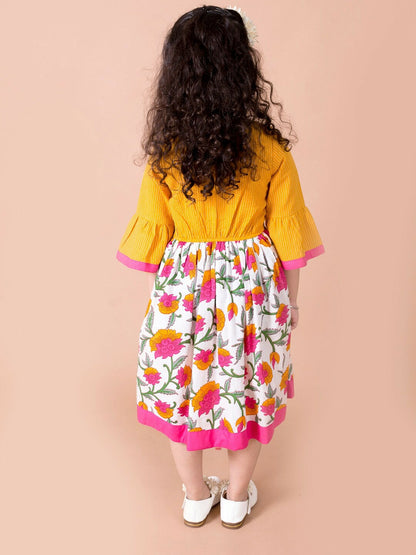 Buy Yellow & White Floral Fit & Flare Cotton Dress for Girls – Indiaista