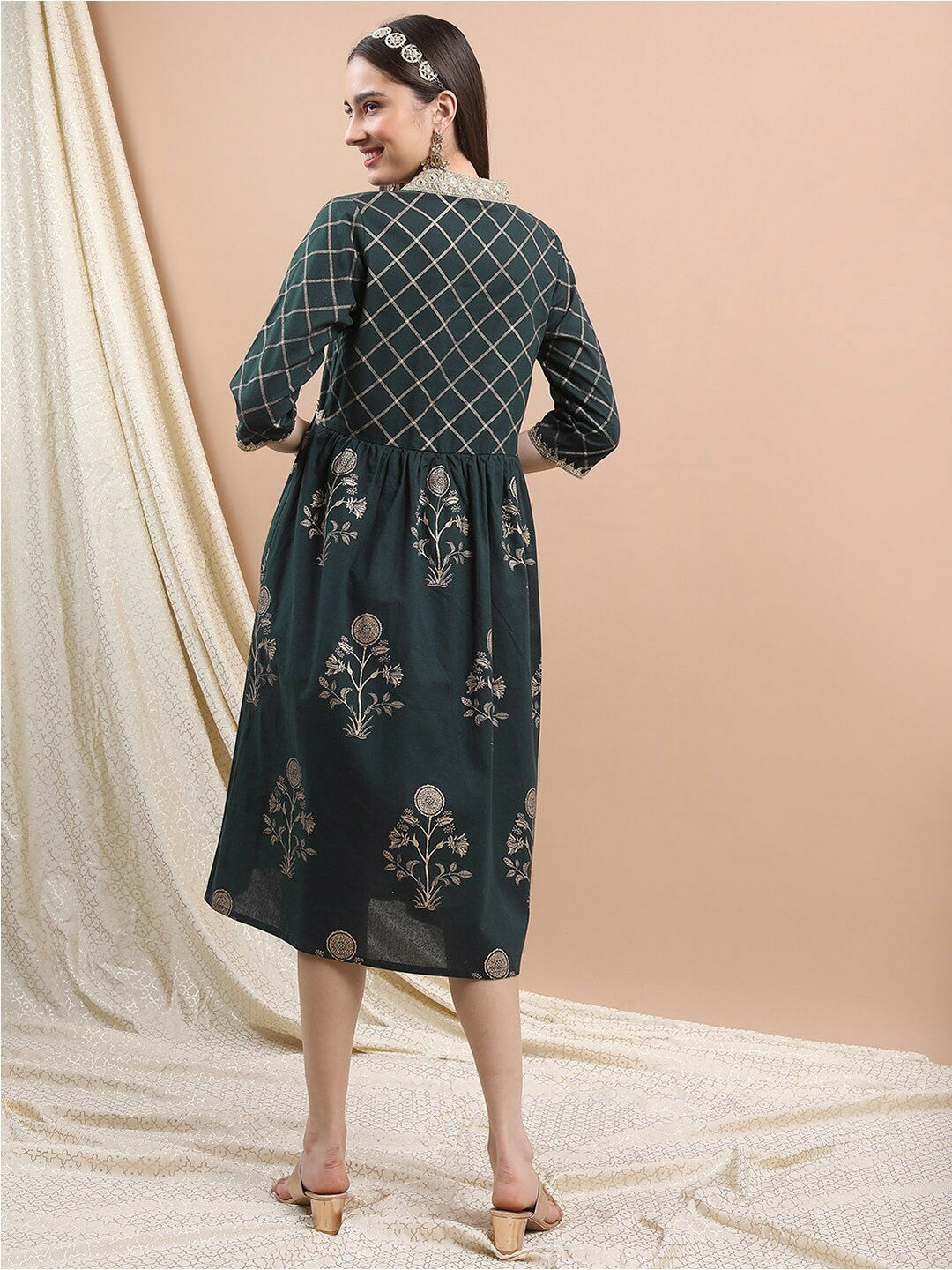 Green & Gold Floral Fit & Flare Ethnic Dress - Sequined | Indiaista