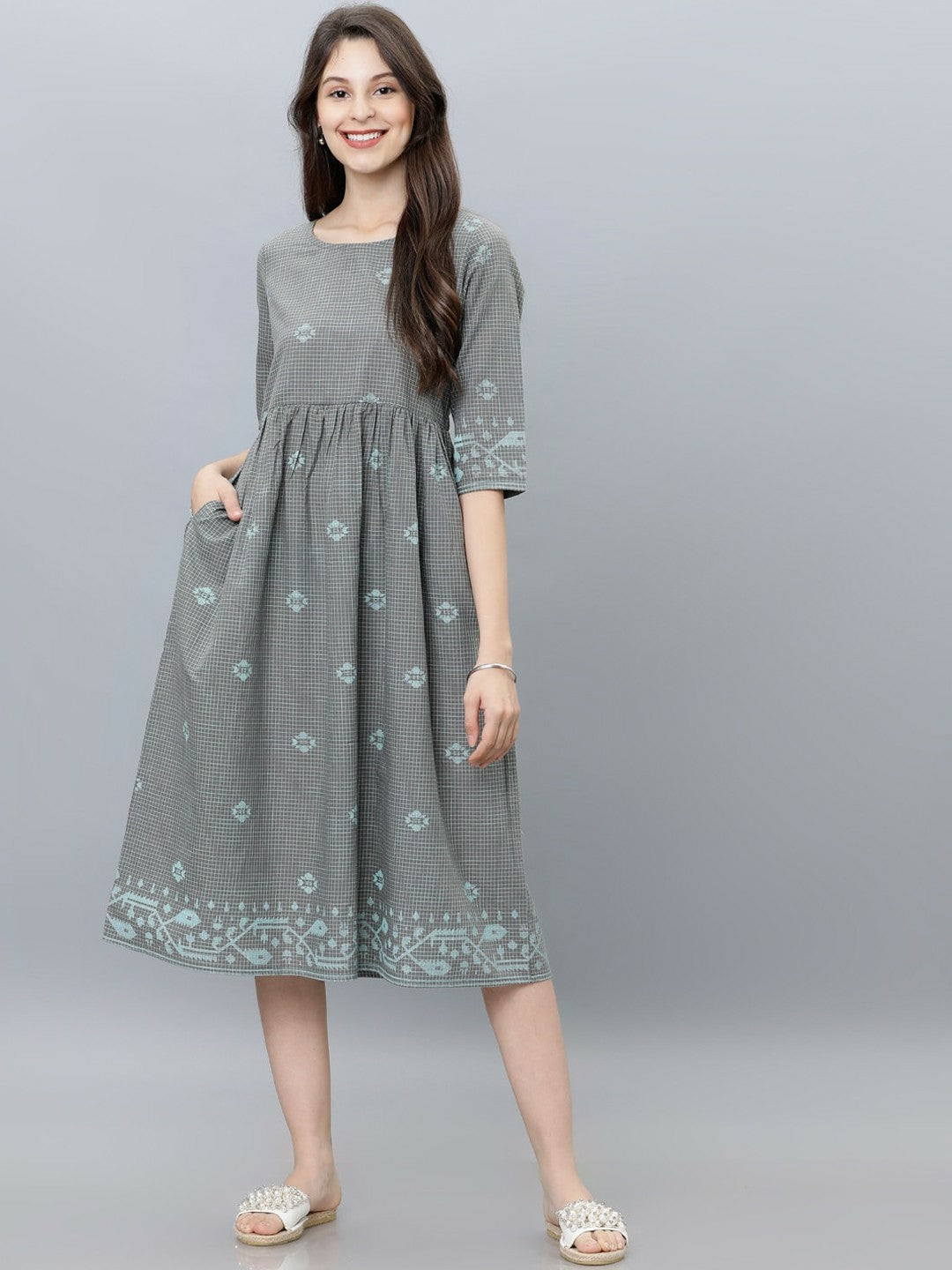 Grey & Green Printed Woven A-Line Ethnic Dress | Indiaista