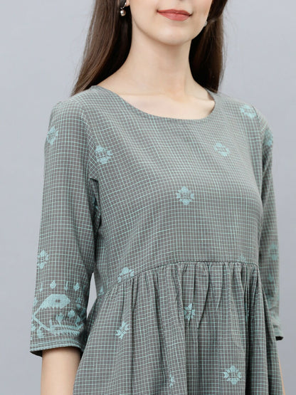 Grey & Green Printed Woven A-Line Ethnic Dress | Indiaista