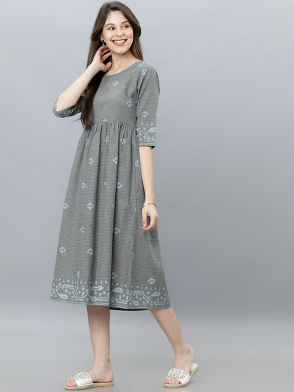 Grey & Green Printed Woven A-Line Ethnic Dress | Indiaista