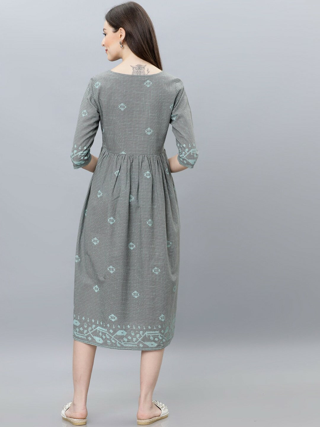 Grey & Green Printed Woven A-Line Ethnic Dress | Indiaista