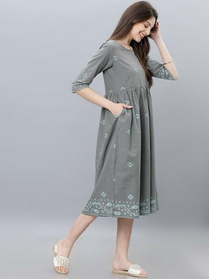 Grey & Green Printed Woven A-Line Ethnic Dress | Indiaista