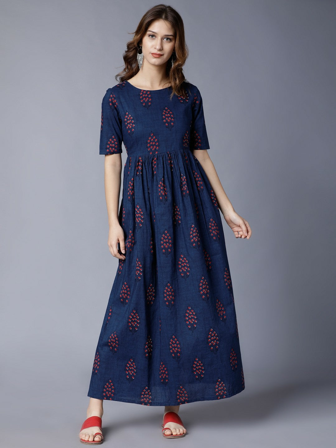 Navy Blue & Red Printed Maxi Dress - Ethnic Elegance | Indiaista