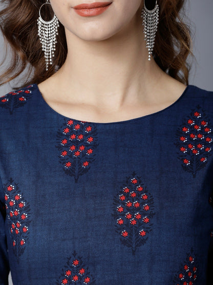 Navy Blue & Red Printed Maxi Dress - Ethnic Elegance | Indiaista