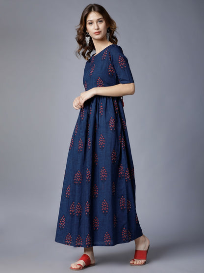 Navy Blue & Red Printed Maxi Dress - Ethnic Elegance | Indiaista