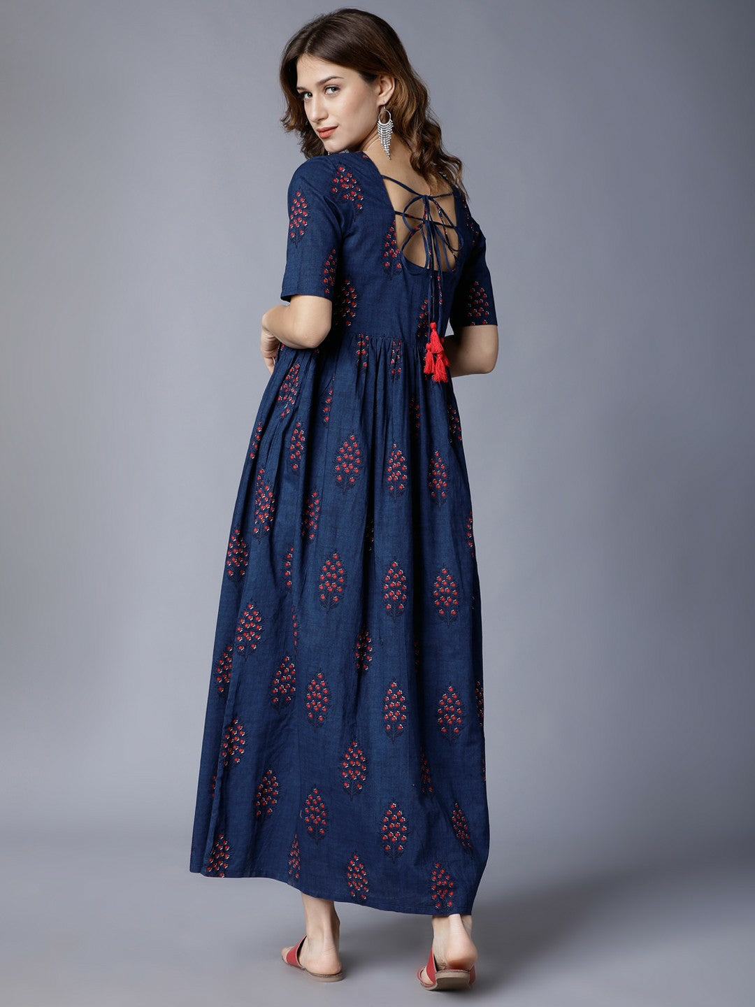 Navy Blue & Red Printed Maxi Dress - Ethnic Elegance | Indiaista