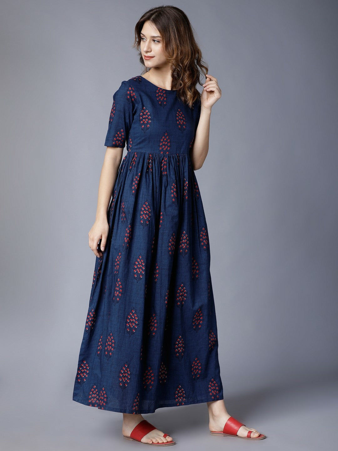 Navy Blue & Red Printed Maxi Dress - Ethnic Elegance | Indiaista