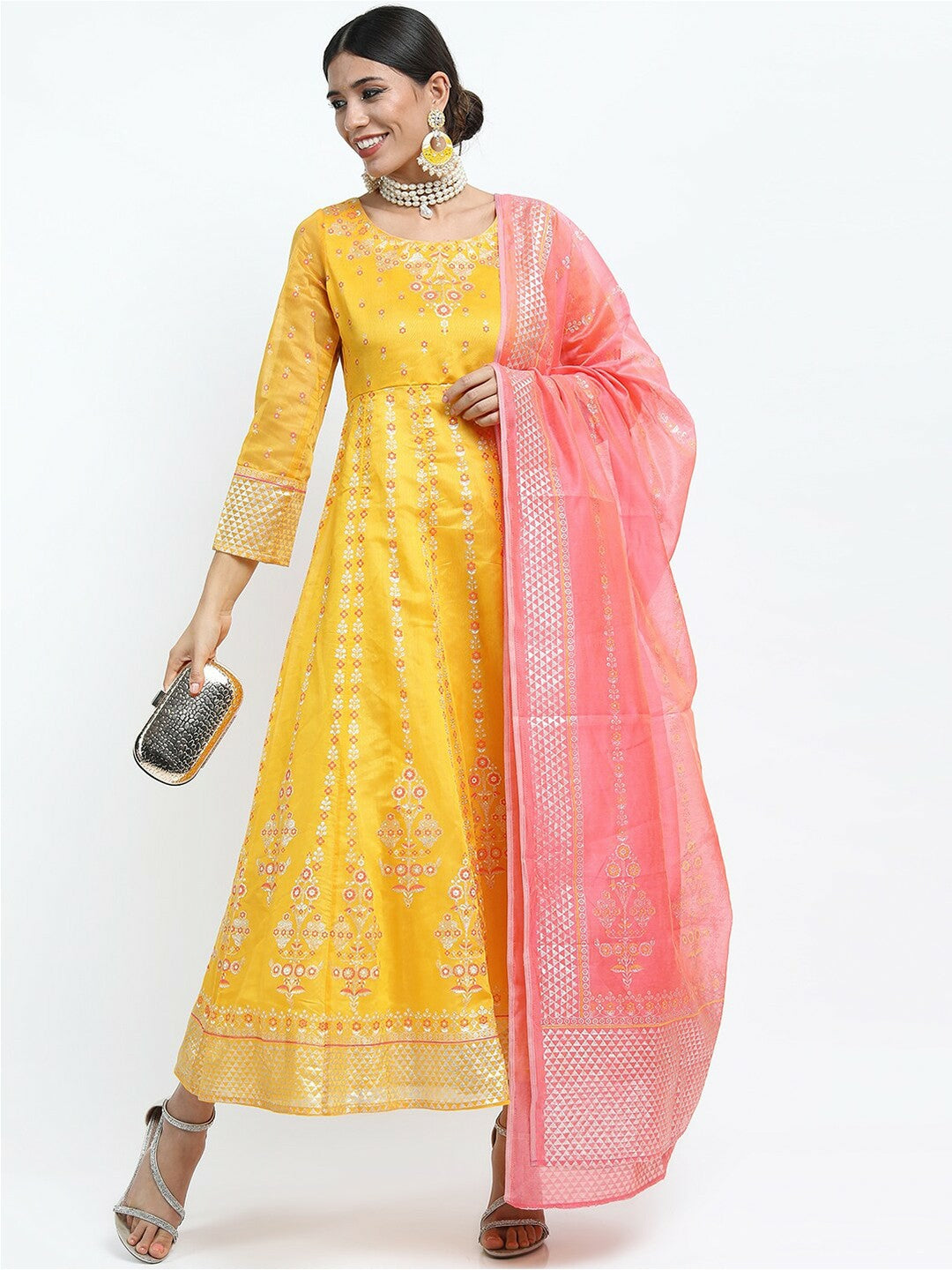 Buy Yellow Ethnic Motifs Print Maxi Dress with Peach Dupatta – Indiaista