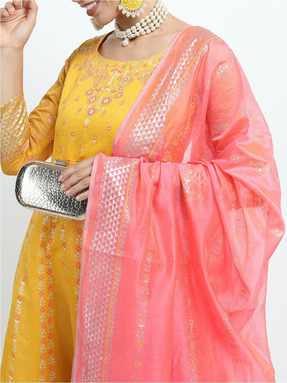 Buy Yellow Ethnic Motifs Print Maxi Dress with Peach Dupatta – Indiaista