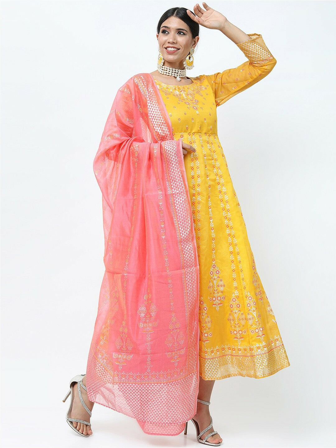 Buy Yellow Ethnic Motifs Print Maxi Dress with Peach Dupatta – Indiaista