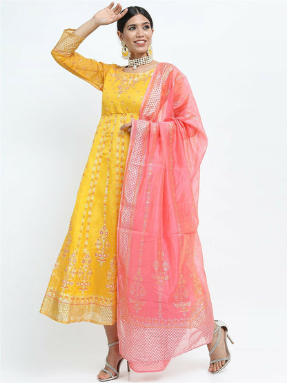 Buy Yellow Ethnic Motifs Print Maxi Dress with Peach Dupatta – Indiaista