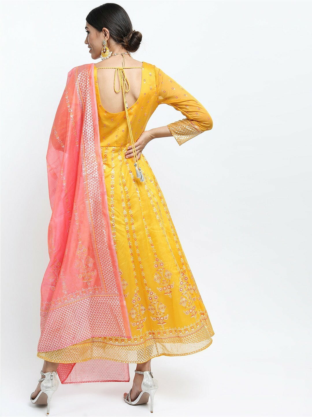 Buy Yellow Ethnic Motifs Print Maxi Dress with Peach Dupatta – Indiaista