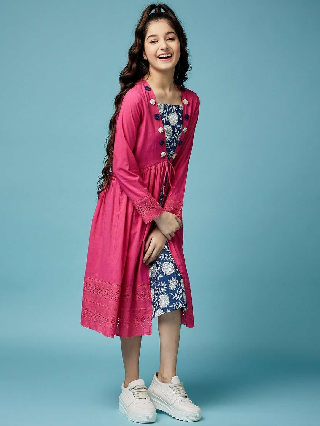 Buy Magenta Fit & Flare Dress with Schiffli Tie-Up Shrug – Indiaista