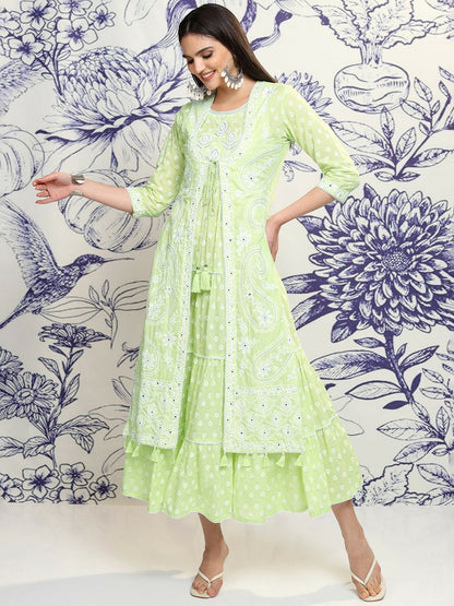 Buy Green & White Floral Embroidered A-Line Dress with Shrug | Indiaista