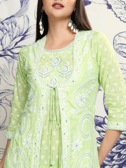 Buy Green & White Floral Embroidered A-Line Dress with Shrug | Indiaista