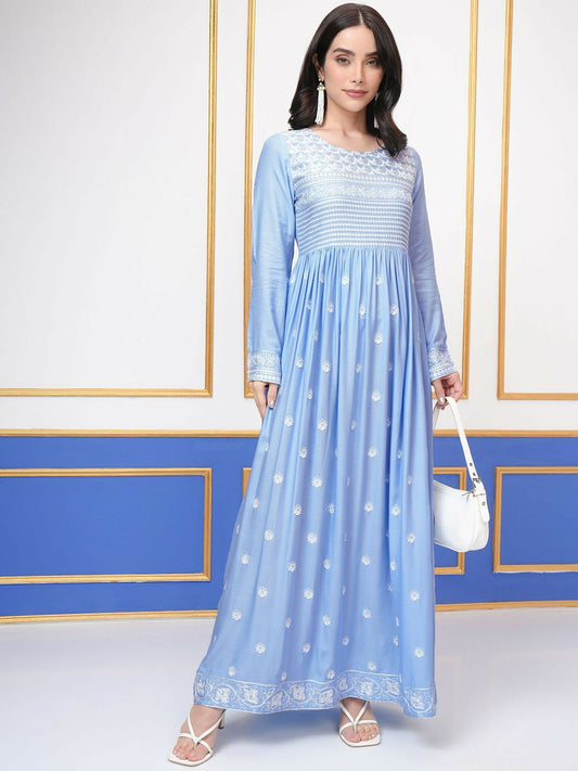 Buy Blue Embroidered Gown Dress Online – Ethnic Maxi Dress | Indiaista