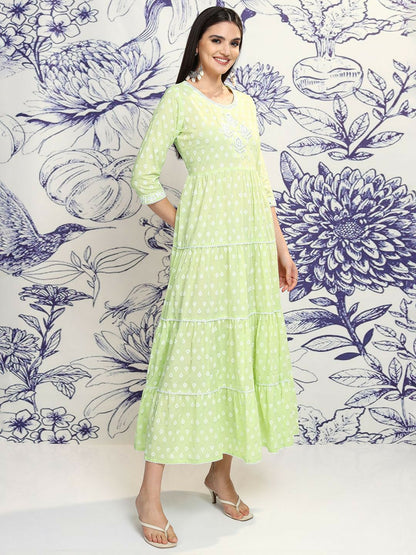 Buy Green & White Floral Embroidered A-Line Dress with Shrug | Indiaista