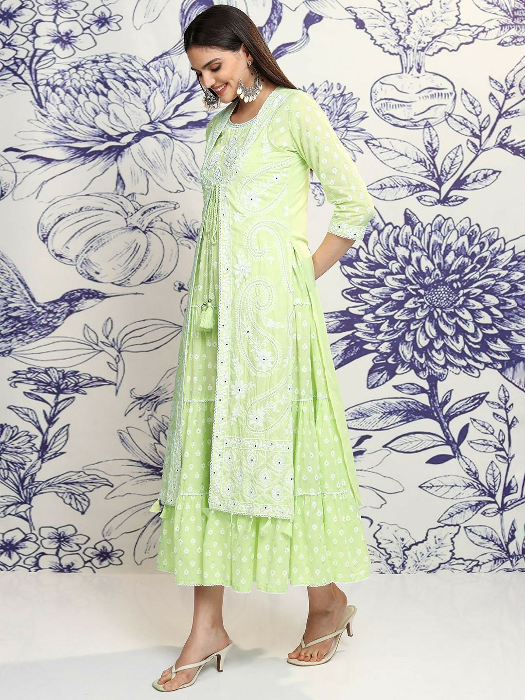 Buy Green & White Floral Embroidered A-Line Dress with Shrug | Indiaista