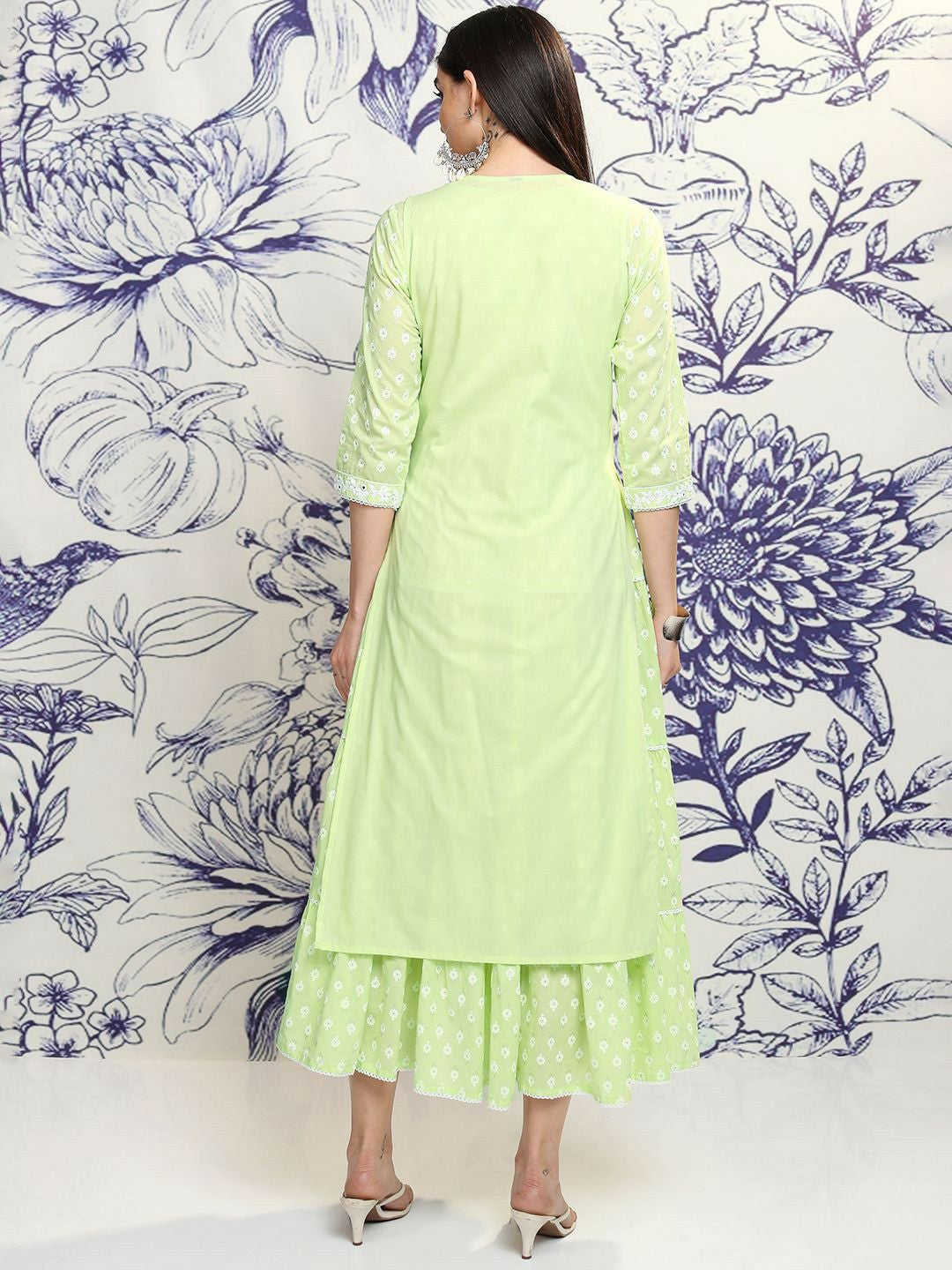 Buy Green & White Floral Embroidered A-Line Dress with Shrug | Indiaista