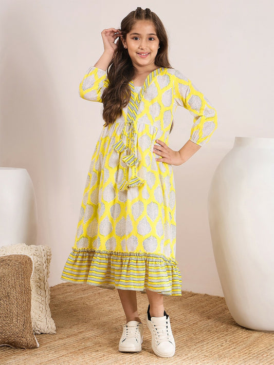 Yellow, White & Black Floral Printed A-Line Dress – Midi Length | Indiaista