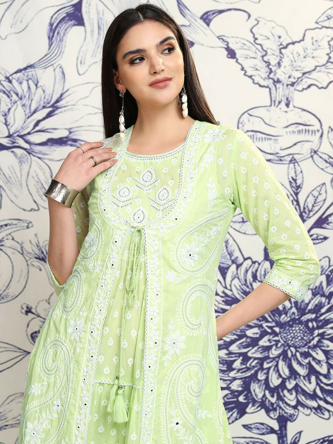 Buy Green & White Floral Embroidered A-Line Dress with Shrug | Indiaista