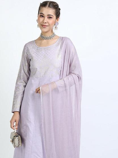 Mauve Ethnic Motifs A-Line Dress with Dupatta – Elegant Maxi Dress | Indiaista