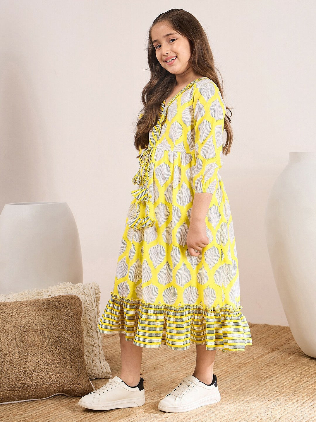 Yellow, White & Black Floral Printed A-Line Dress – Midi Length | Indiaista