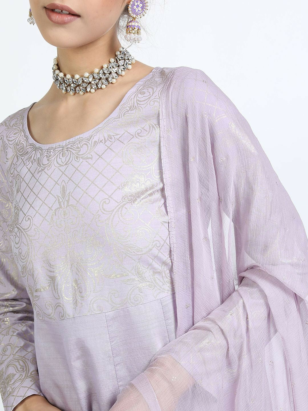 Mauve Ethnic Motifs A-Line Dress with Dupatta – Elegant Maxi Dress | Indiaista