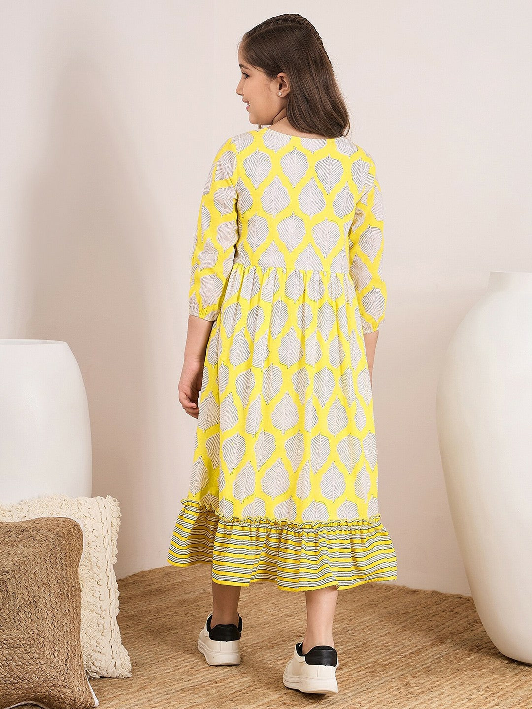 Yellow, White & Black Floral Printed A-Line Dress – Midi Length | Indiaista