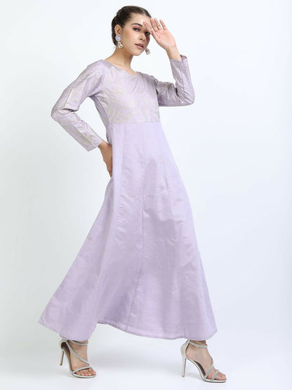 Mauve Ethnic Motifs A-Line Dress with Dupatta – Elegant Maxi Dress | Indiaista