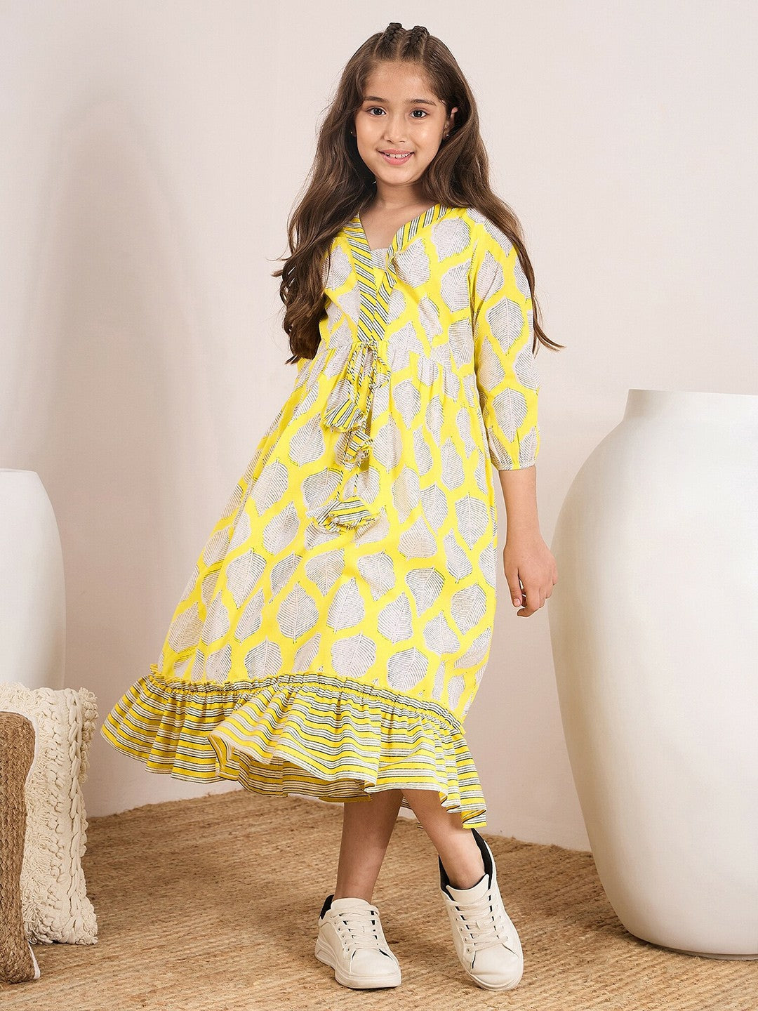 Yellow, White & Black Floral Printed A-Line Dress – Midi Length | Indiaista