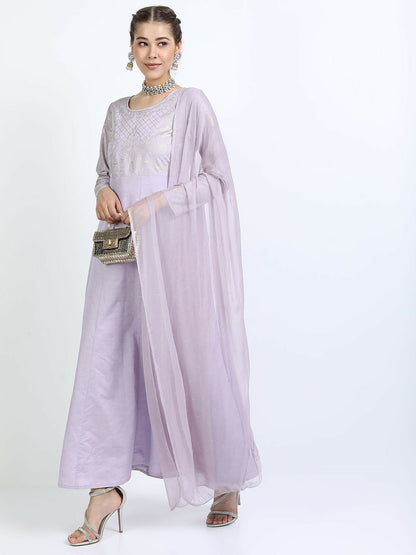 Mauve Ethnic Motifs A-Line Dress with Dupatta – Elegant Maxi Dress | Indiaista