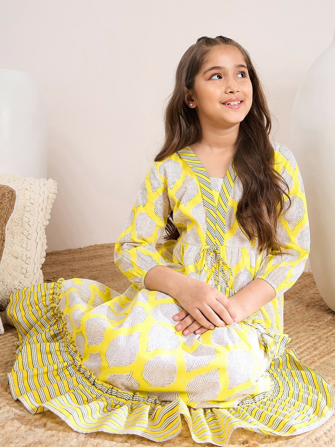 Yellow, White & Black Floral Printed A-Line Dress – Midi Length | Indiaista