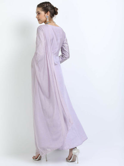 Mauve Ethnic Motifs A-Line Dress with Dupatta – Elegant Maxi Dress | Indiaista