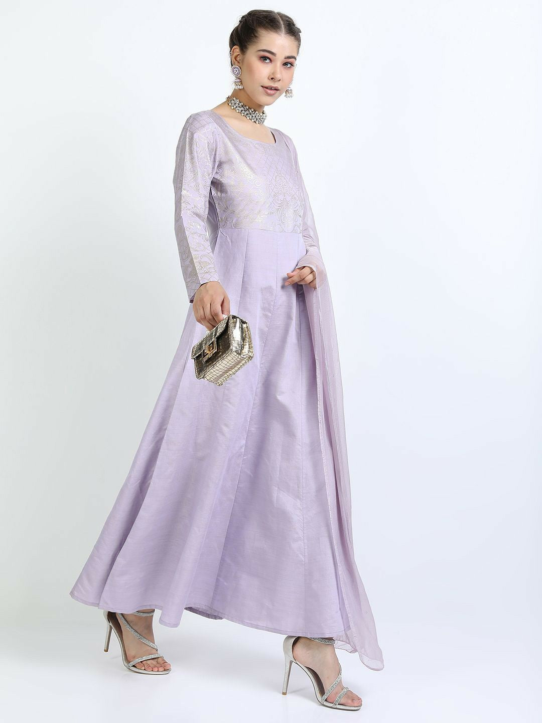 Mauve Ethnic Motifs A-Line Dress with Dupatta – Elegant Maxi Dress | Indiaista