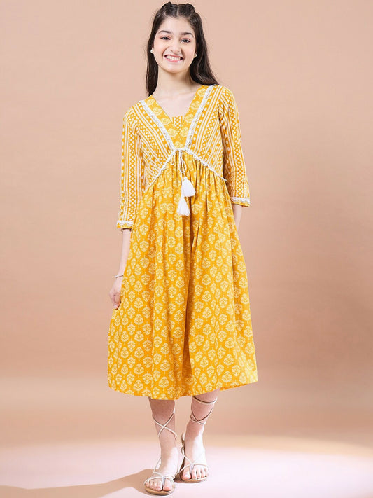 Buy Yellow Ethnic Motifs Print A-Line Dress – Cotton Midi Dress | Indiaista