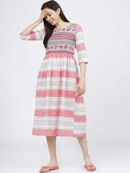 Buy Cream-Coloured Striped Fit & Flare Ethnic Dress Online | Indiaista