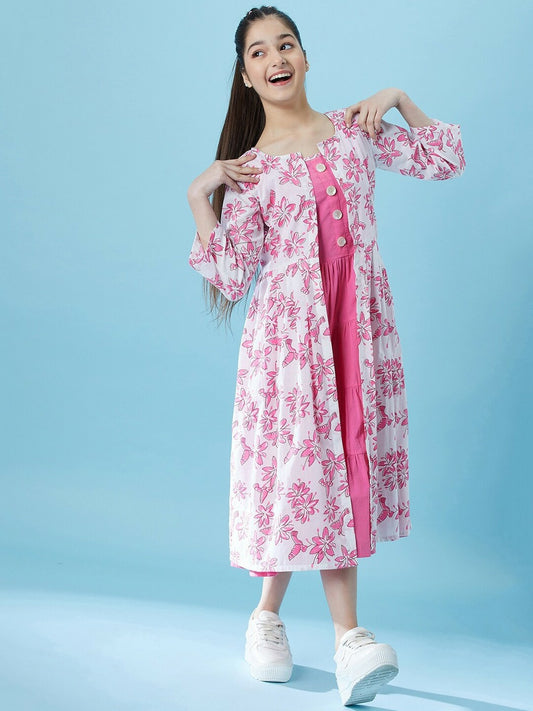 Buy Girls Fit & Flare Tiered Cotton Midi Dress with Shrug | Indiaista